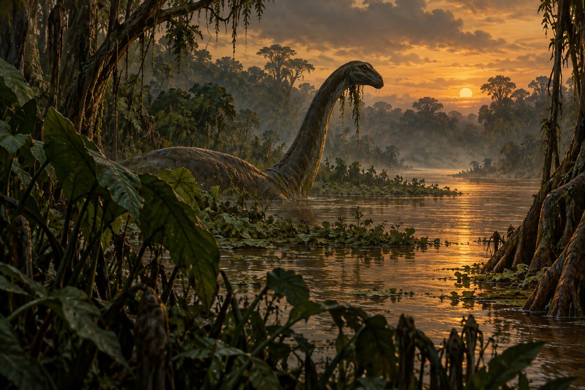 A long-necked presence in Congo Basin marshland, illustrating a modern Mokele-mbembe interpretation.