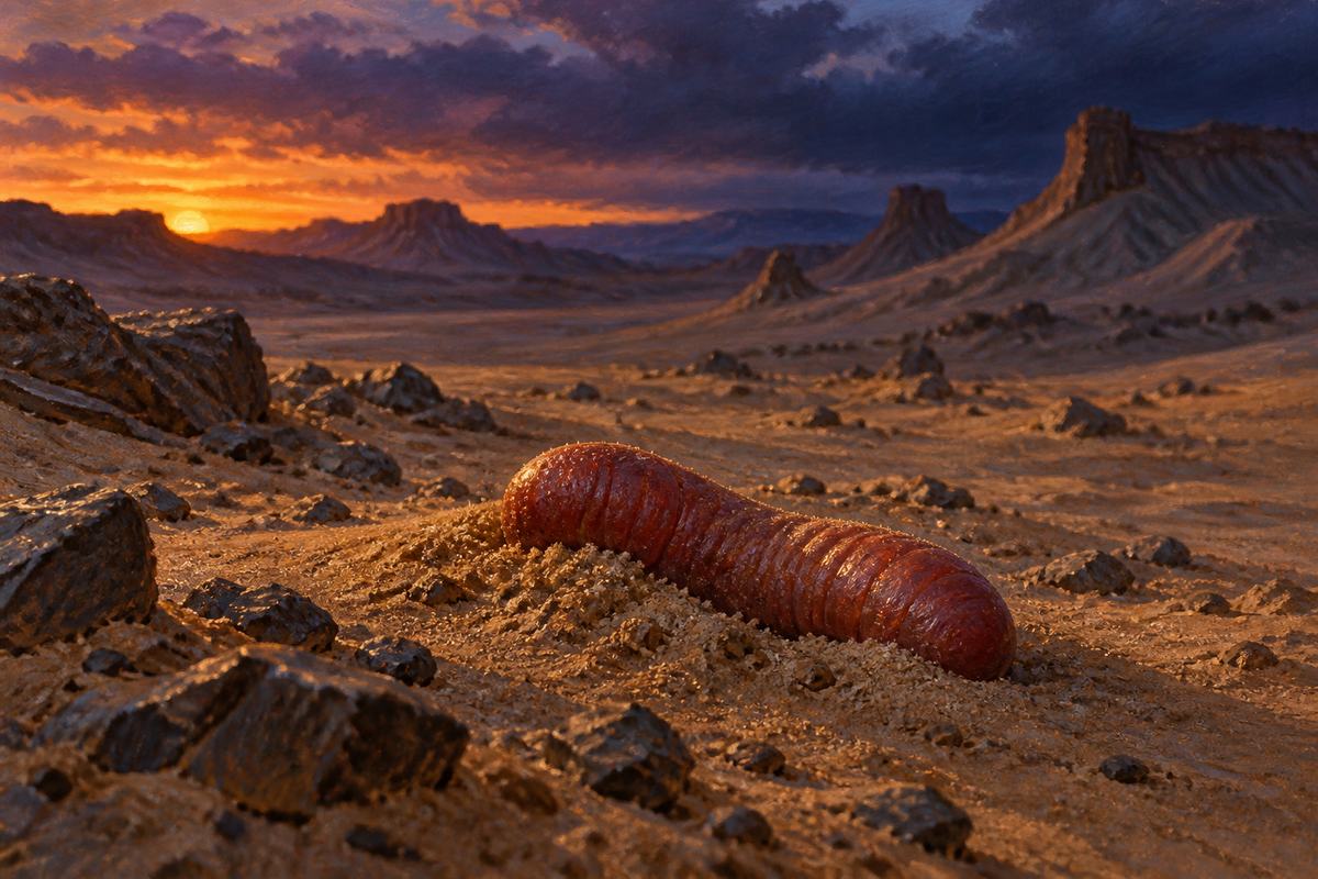 A blunt red worm emerges from Gobi sand beneath a copper sunset and gathering storm.