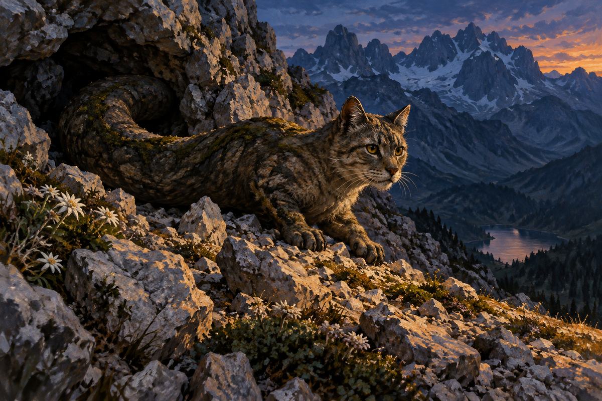 A cat-headed Tatzelwurm watches from an Alpine rock crevice above a twilight valley.
