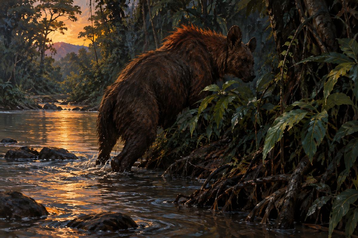 A shaggy, high-shouldered animal climbs from a Kenyan forest stream into the brush.