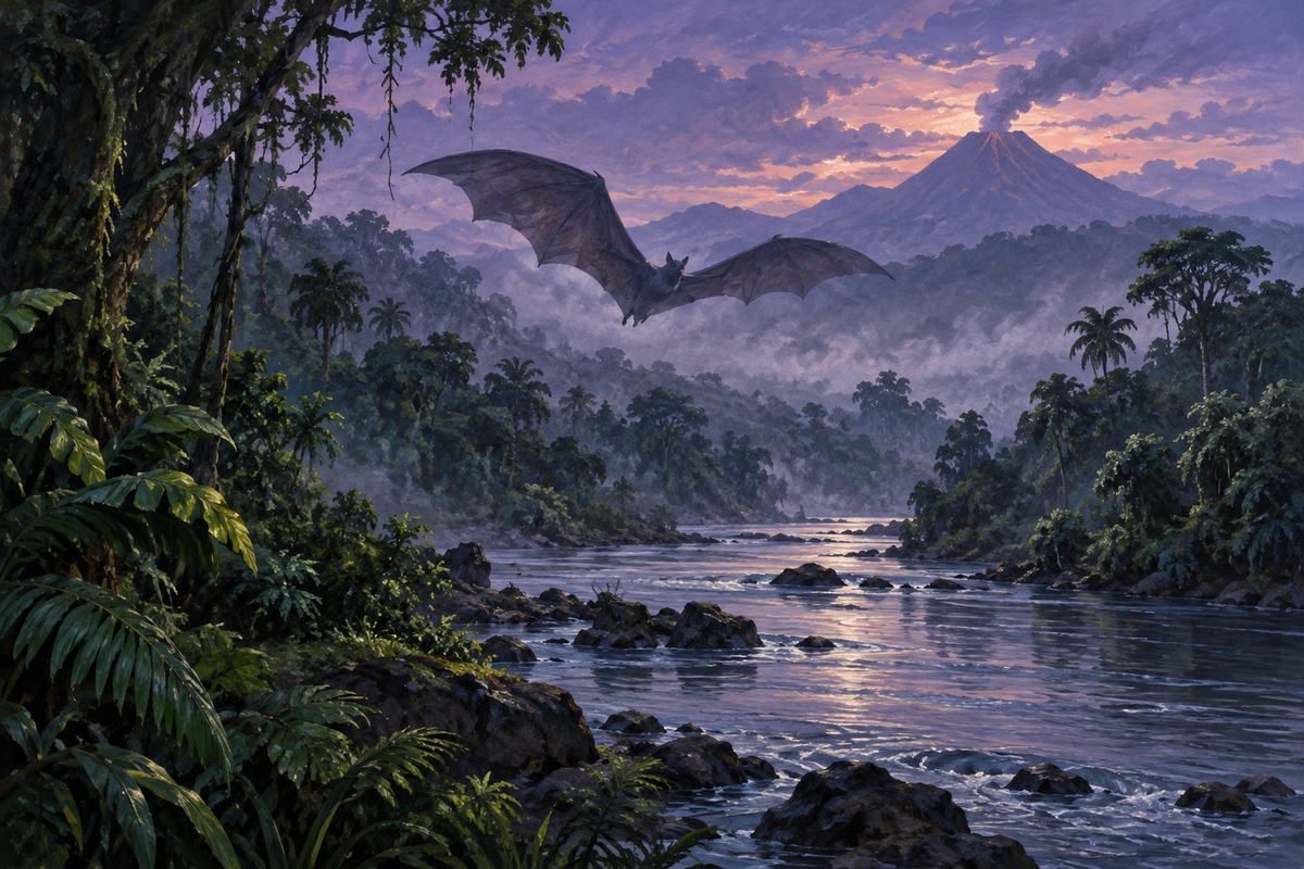 Broad bat-like wings pass above a Javan river beneath a violet volcanic skyline.