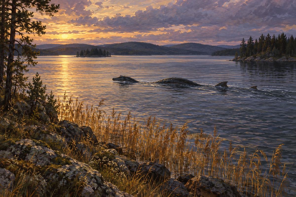 A low doglike head and dark coils cross Lake Storsjön in the last northern light.