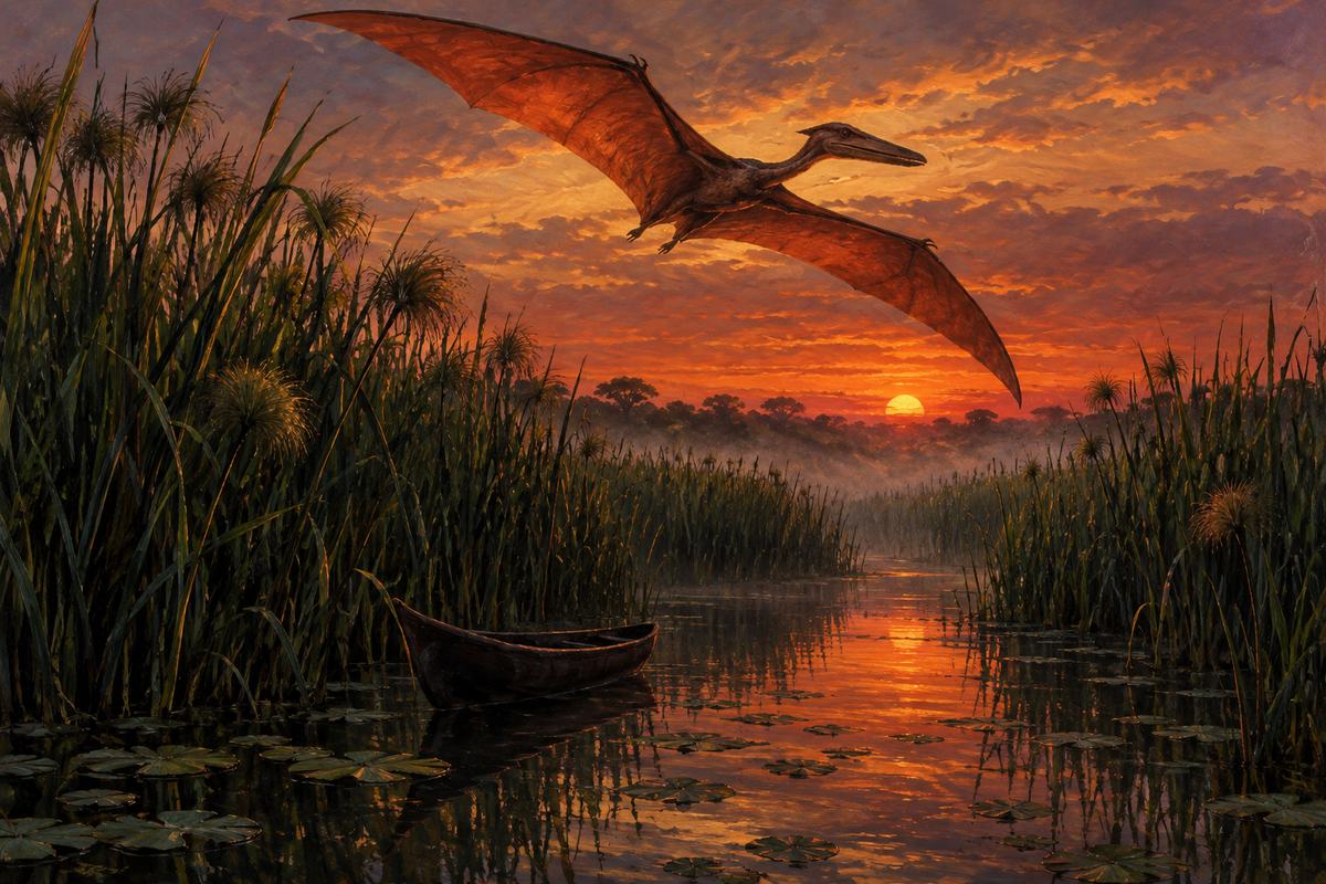 Red membranous wings bank above Zambian reeds and an empty canoe at sunset.