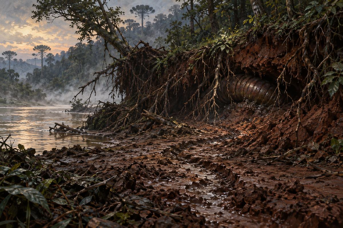 A ridged body lies under an uprooted Brazilian riverbank, where a muddy furrow meets exposed roots.