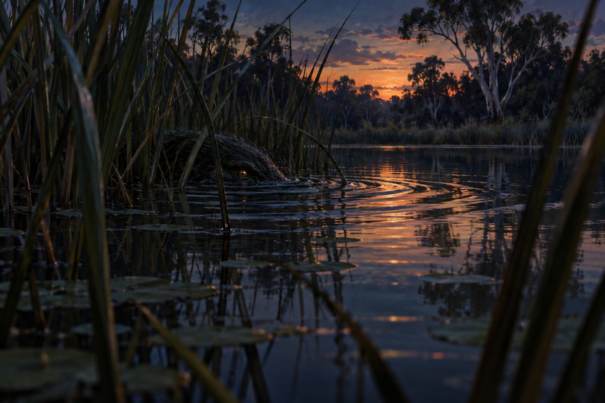 Ripples and a half-hidden presence trouble an Australian billabong in this Bunyip-inspired illustration.