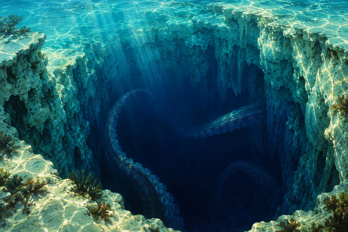 Long arms curl through the indigo depth of a Bahamian blue hole beneath sunlit limestone.