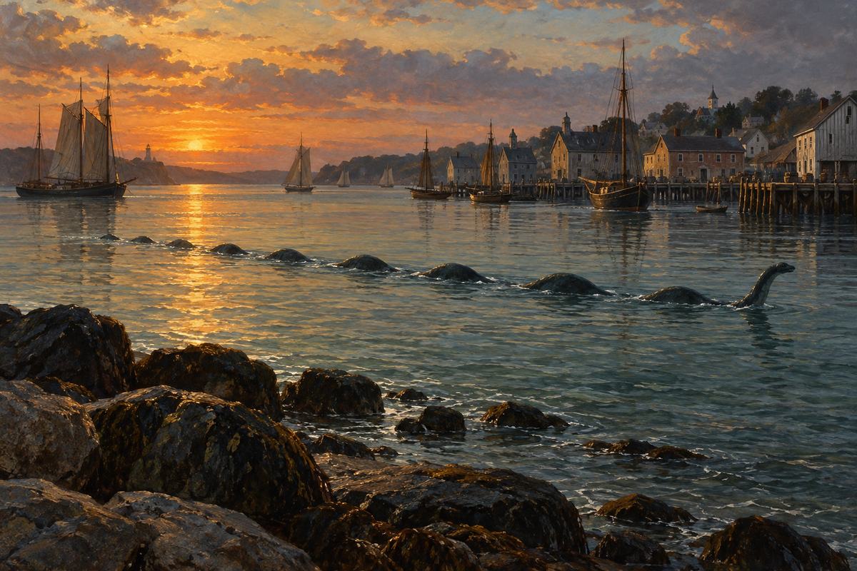 A line of dark humps threads past Gloucester’s sailing vessels and timber wharves in evening light.