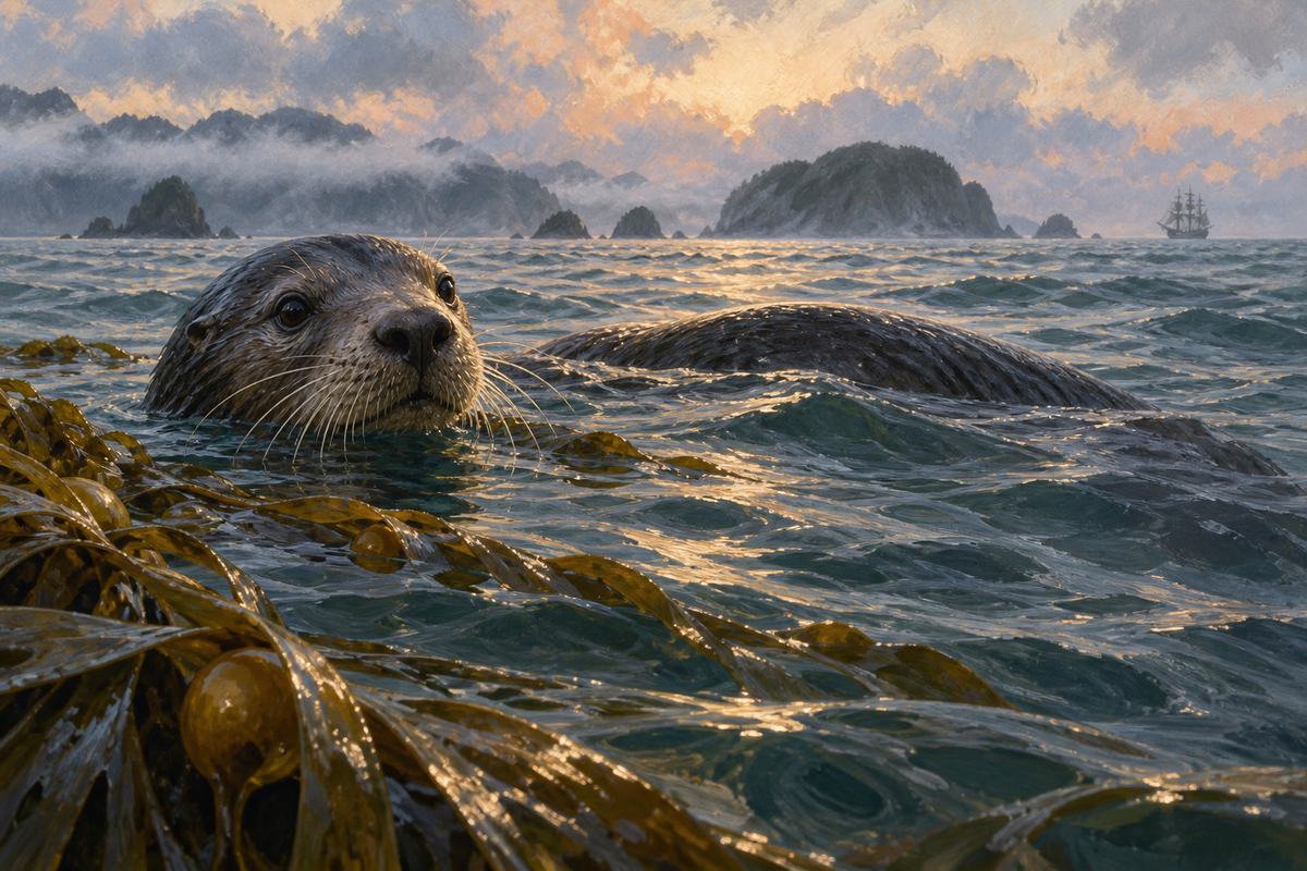 A whiskered marine animal drifts beside kelp off misty Alaskan islands.