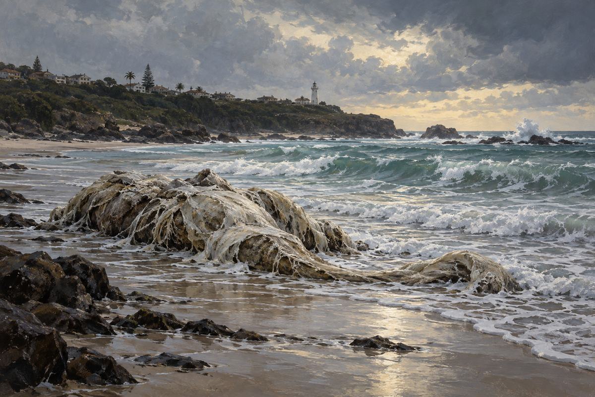 Pale frayed material and a trailing fold rest in the surf along a South African beach.