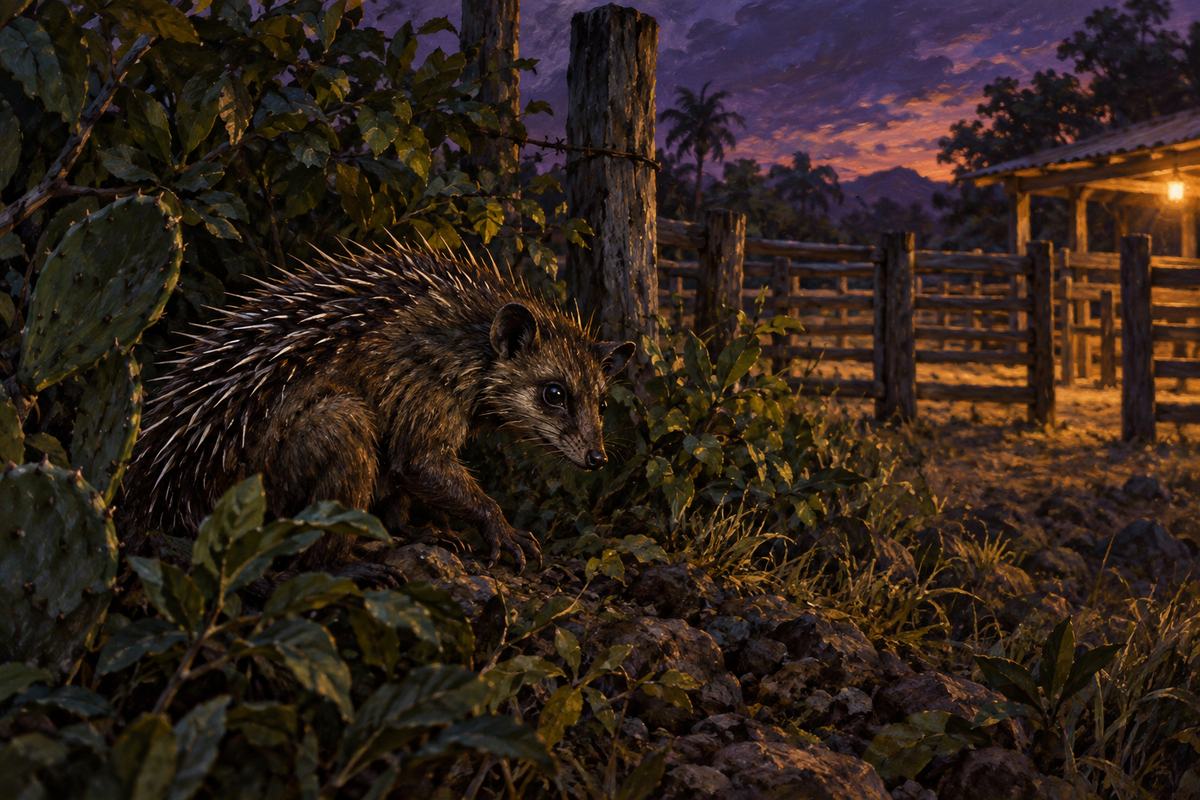 A hunched, quilled creature watches a quiet Puerto Rican livestock enclosure at dusk.