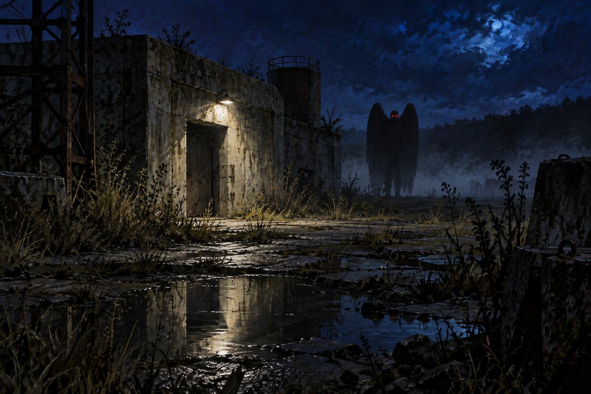 Red eyes reflect from a tall winged silhouette beside the abandoned TNT-area works.