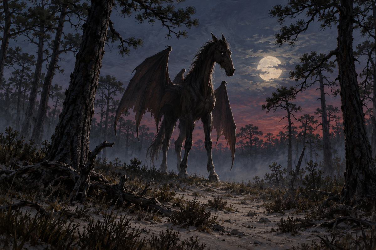 A winged, horse-headed silhouette stands among pitch pines in this Jersey Devil folklore illustration.