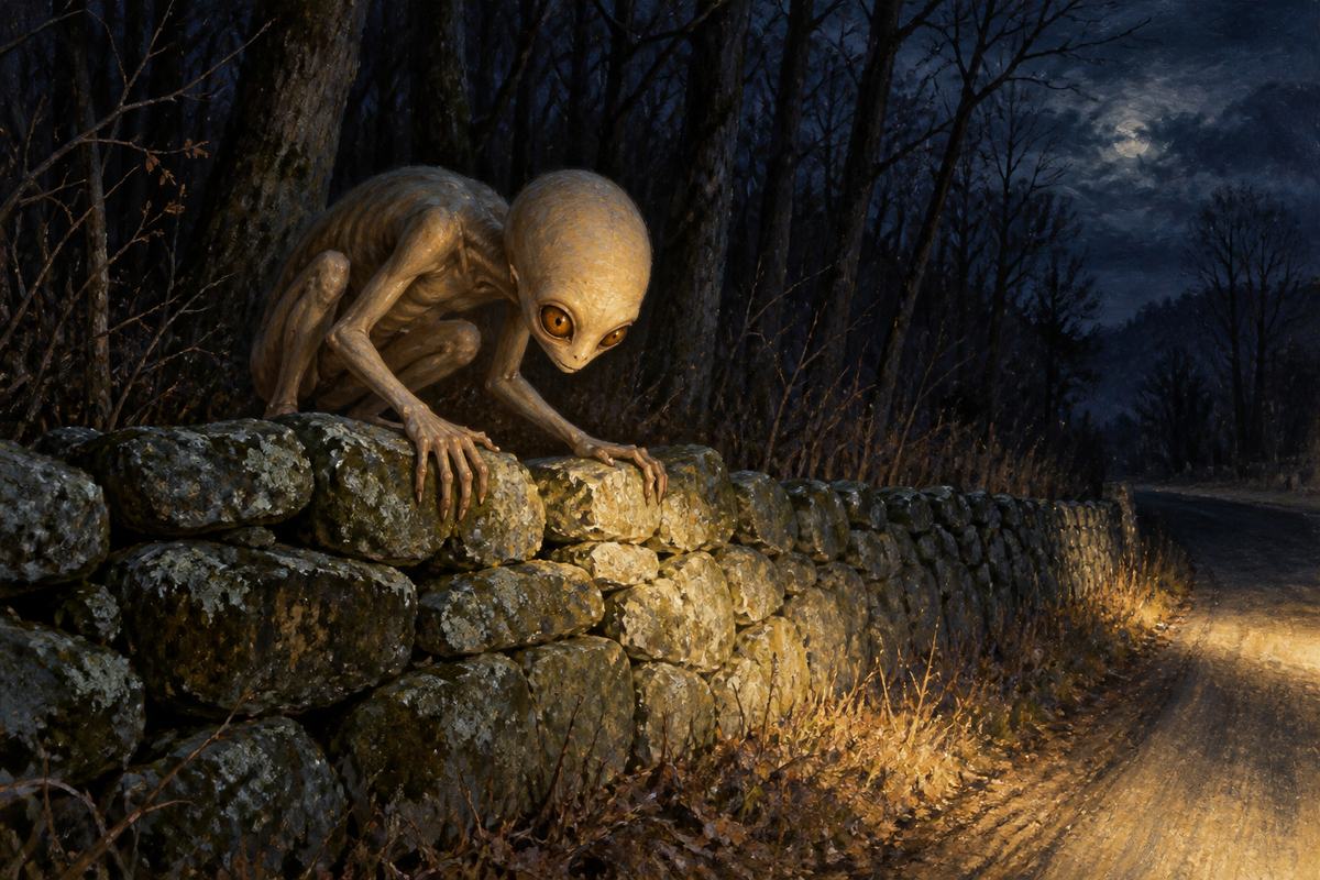 Long fingers grip a Dover stone wall beneath an oversized head and amber eyes.