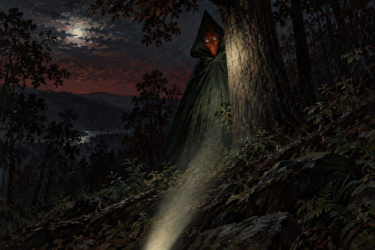 A pointed hood and round eyes emerge beside a tree on the Flatwoods hillside.