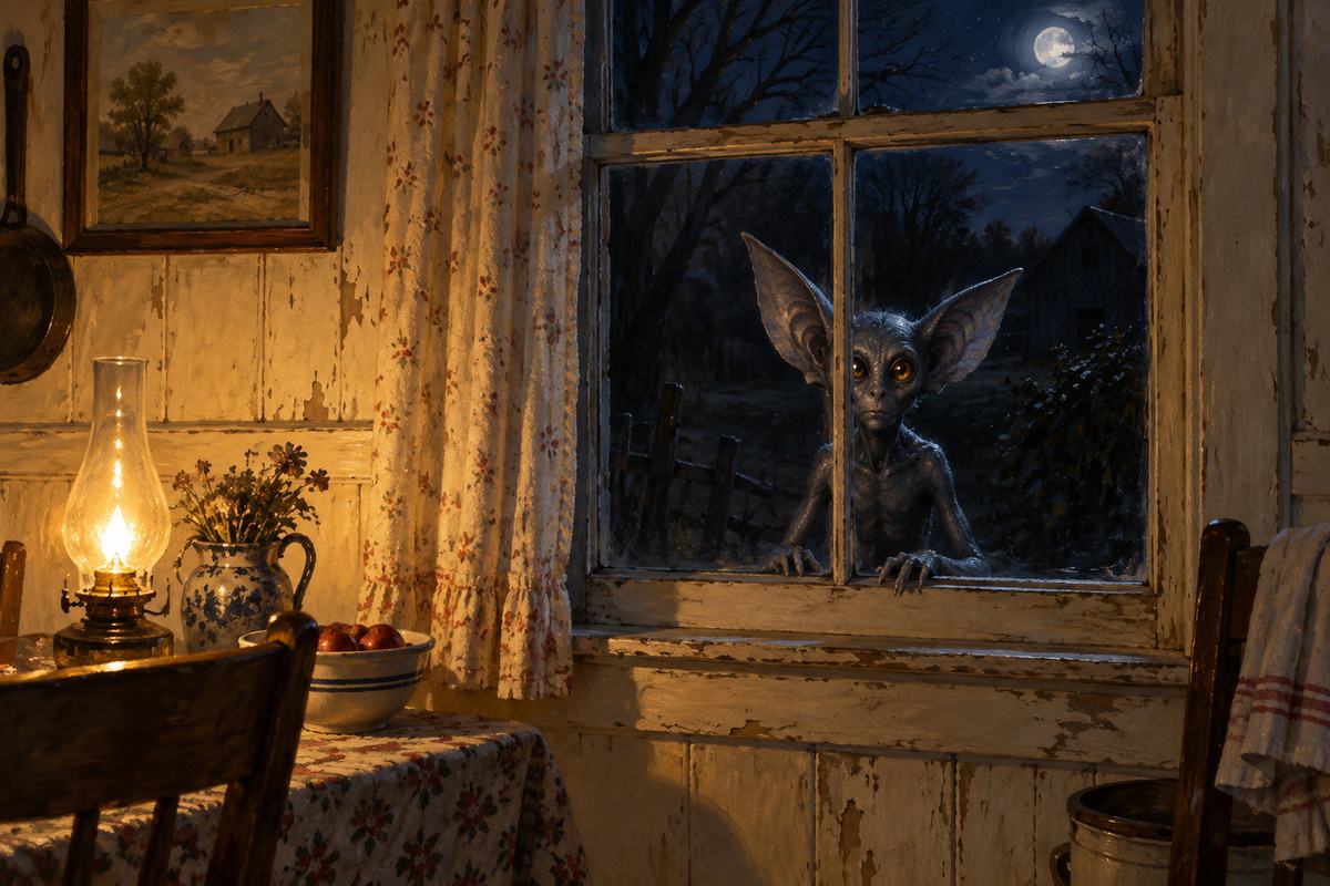 A silver-gray, large-eared figure watches through a farmhouse window lit from within.