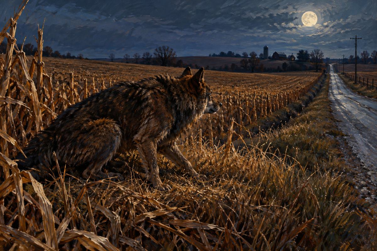 A shaggy canine crouches in corn stubble beside an empty Wisconsin road.