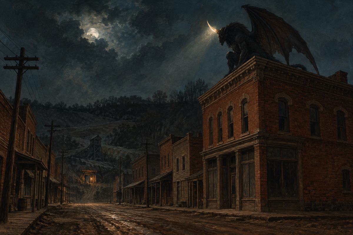 A pale horn-light shines from a winged silhouette above Van Meter’s brick rooftops.