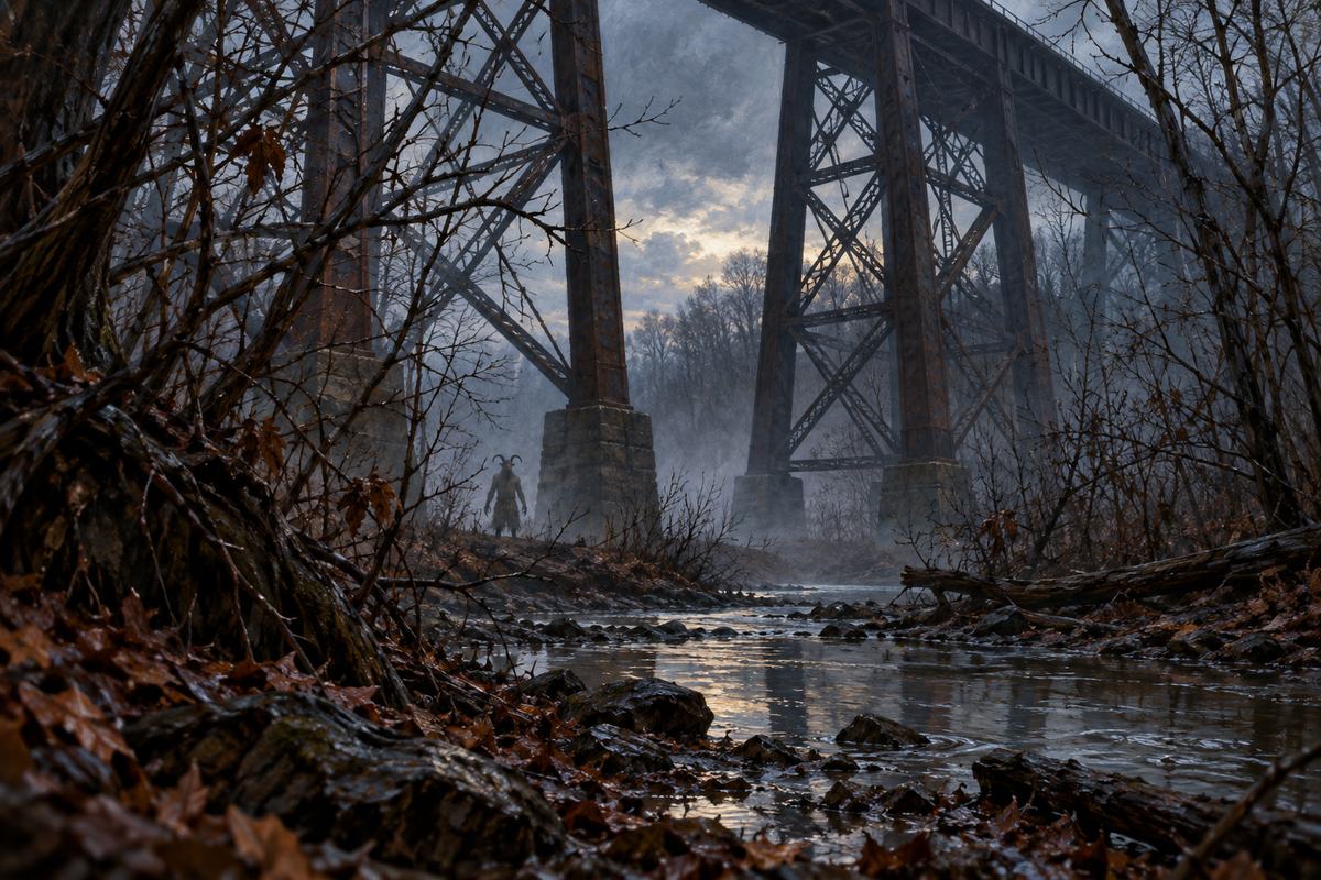 A distant horned figure stands beneath the immense Pope Lick railroad trestle.