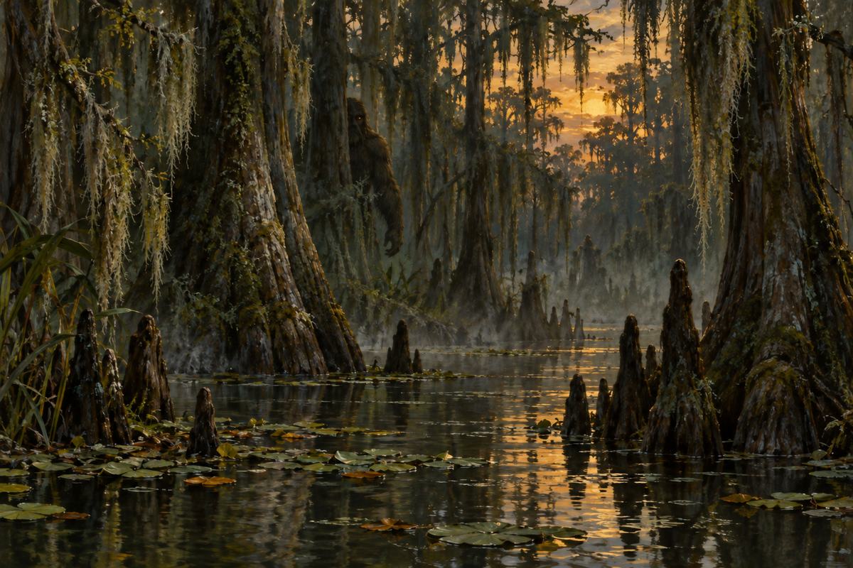 An amber eye and shaggy shoulder appear between cypress trunks in Honey Island Swamp.