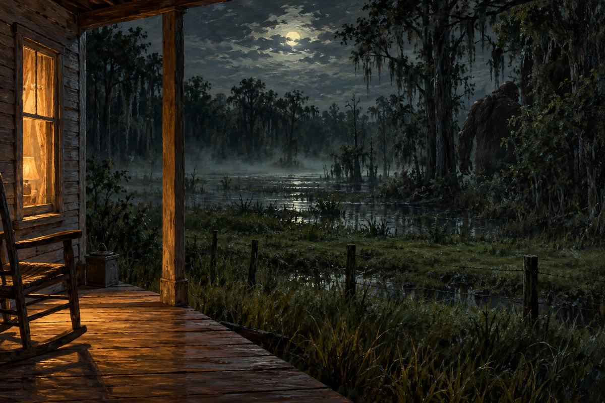 Beyond a warm Arkansas porch, a broad hairy figure recedes into the marshy woodline.