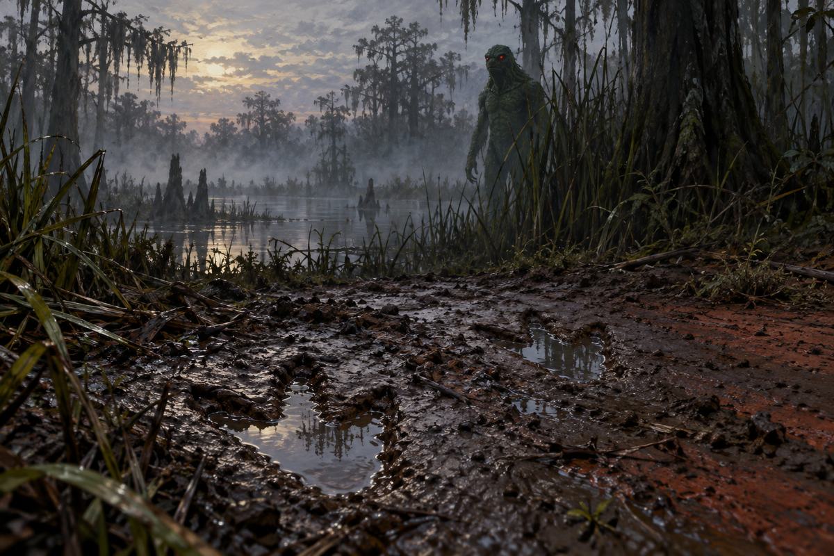 Rain fills three-toed impressions while a green, red-eyed figure waits at the swamp edge.