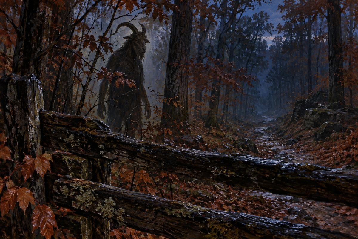 A shaggy goat-headed figure stands beyond an old fence in the Maryland woods.