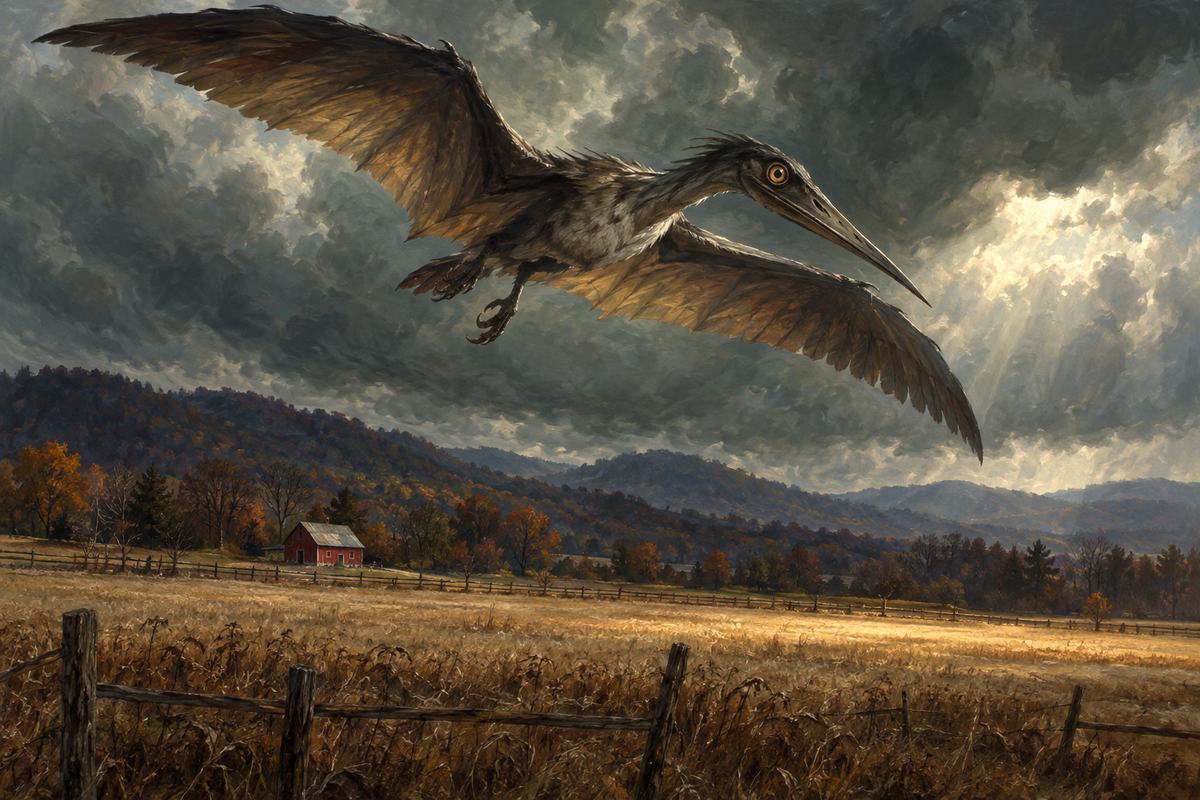 A long-beaked winged creature crosses the sky above Maryland farmland and wooded hills.