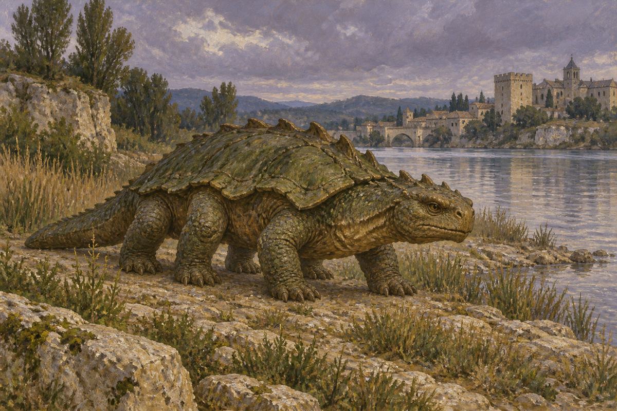 A six-legged Tarasque rests on the limestone bank of the Rhône beneath its ridged shell.
