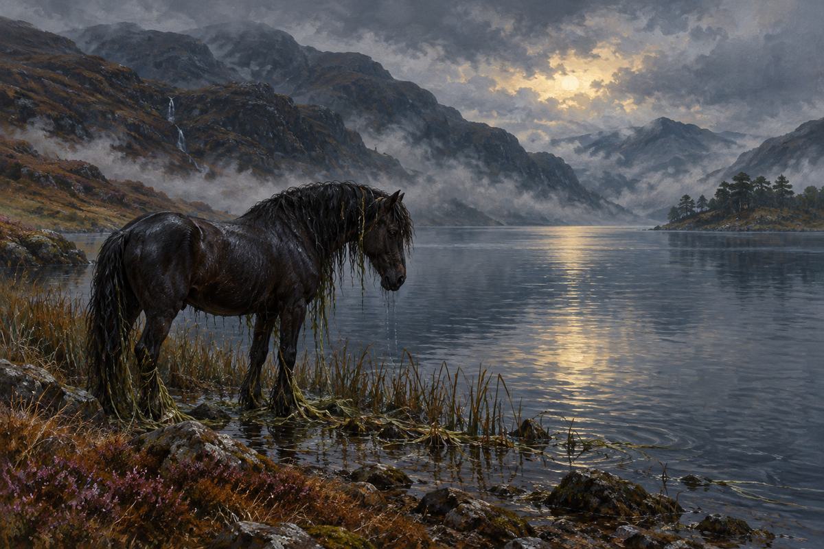 A wet black horse stands by a Highland loch with water plants tangled around its feet.