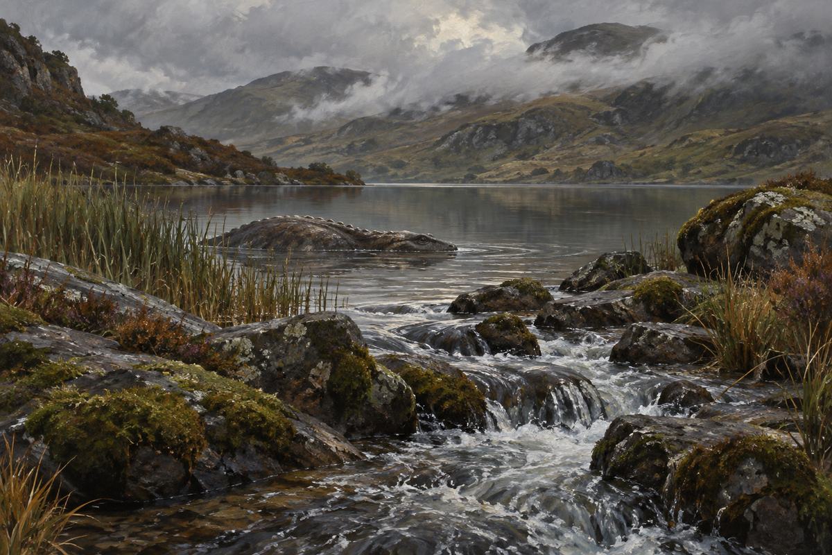 A low ridged water beast surfaces beside reeds at the outflow of a Welsh lake.