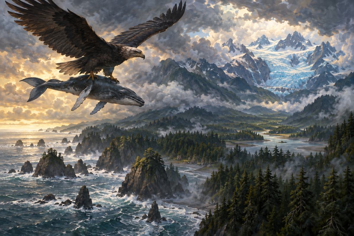 Thunderbird carries a whale inland above the Olympic coast toward a glaciated mountain.