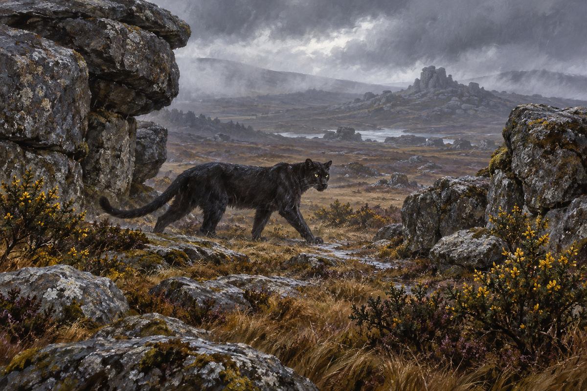 A dark cat passes between rain-soaked granite boulders on Bodmin Moor.