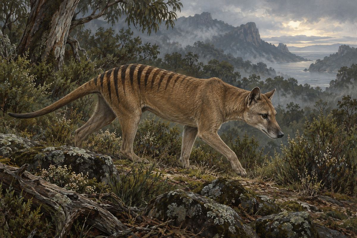 A natural-history-style illustration of a thylacine with a long tail and striped rear back in Tasmanian scrub.