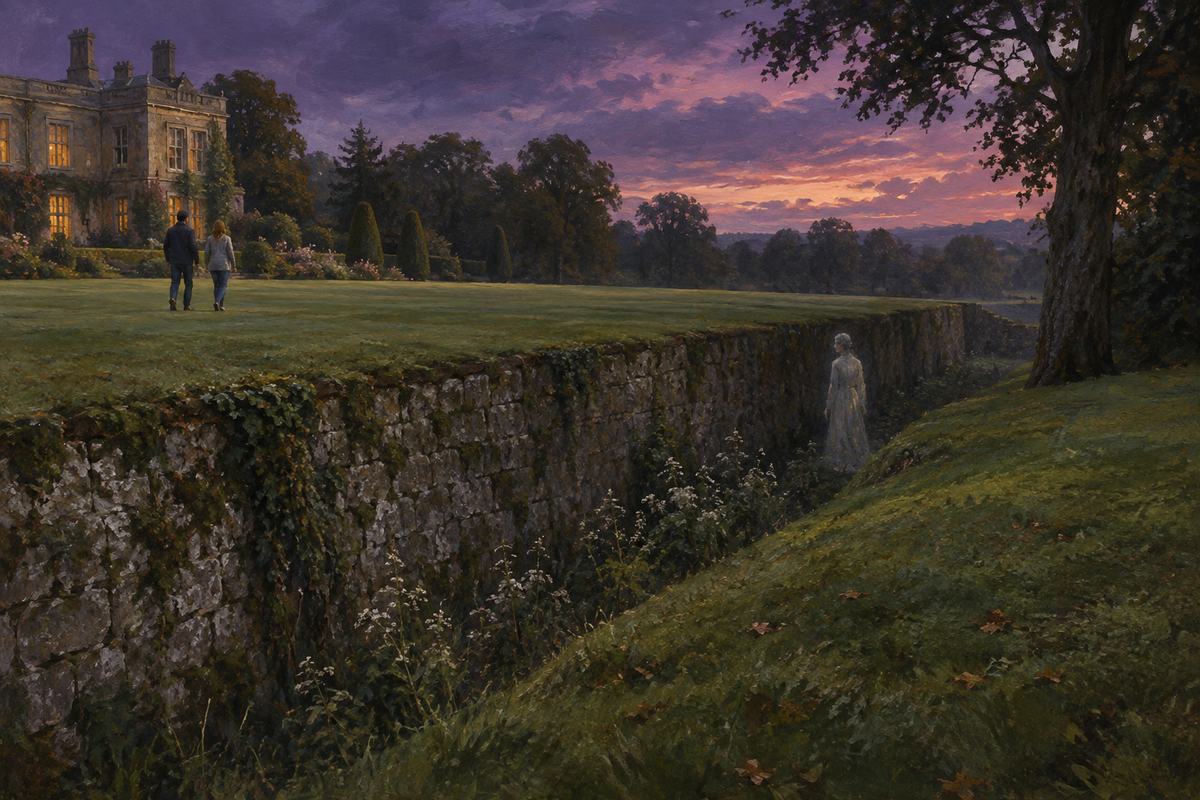 An English estate's sunken ha-ha boundary at dusk, clipped grass above a stone retaining wall, two distant visitors on the lawn and one uncertain pale human shape beside the boundary.