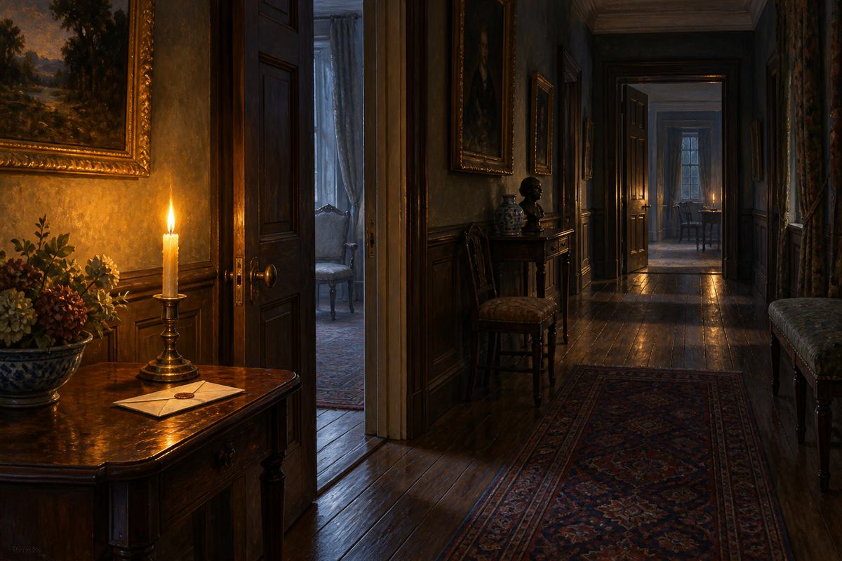 An imagined eighteenth-century English domestic corridor with a slightly open paneled door and a folded unreadable letter on a small table.