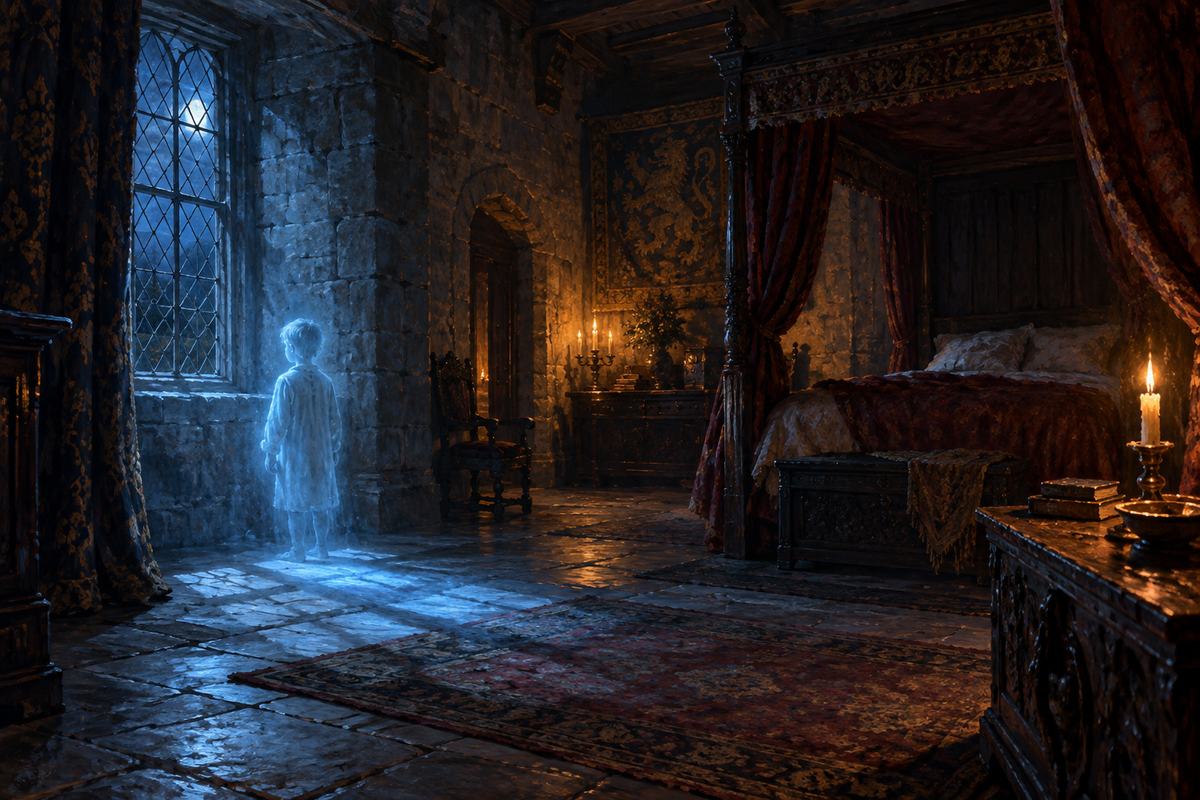 An old English castle bedchamber washed by a small pool of blue light beside deep stone masonry.