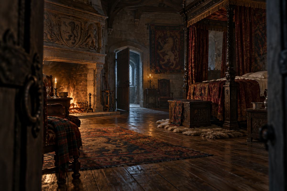 A sixteenth-century Scottish castle chamber viewed from an empty doorway.