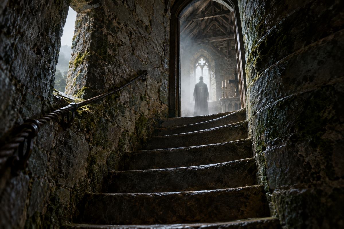 The narrow tower stair and chapel of the Leap Castle story, imagined in candlelight.