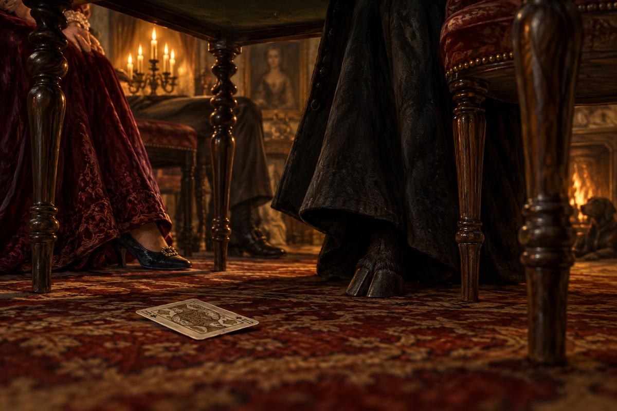 A cloven hoof beneath a candlelit card table, the telltale detail in the Loftus Hall legend.