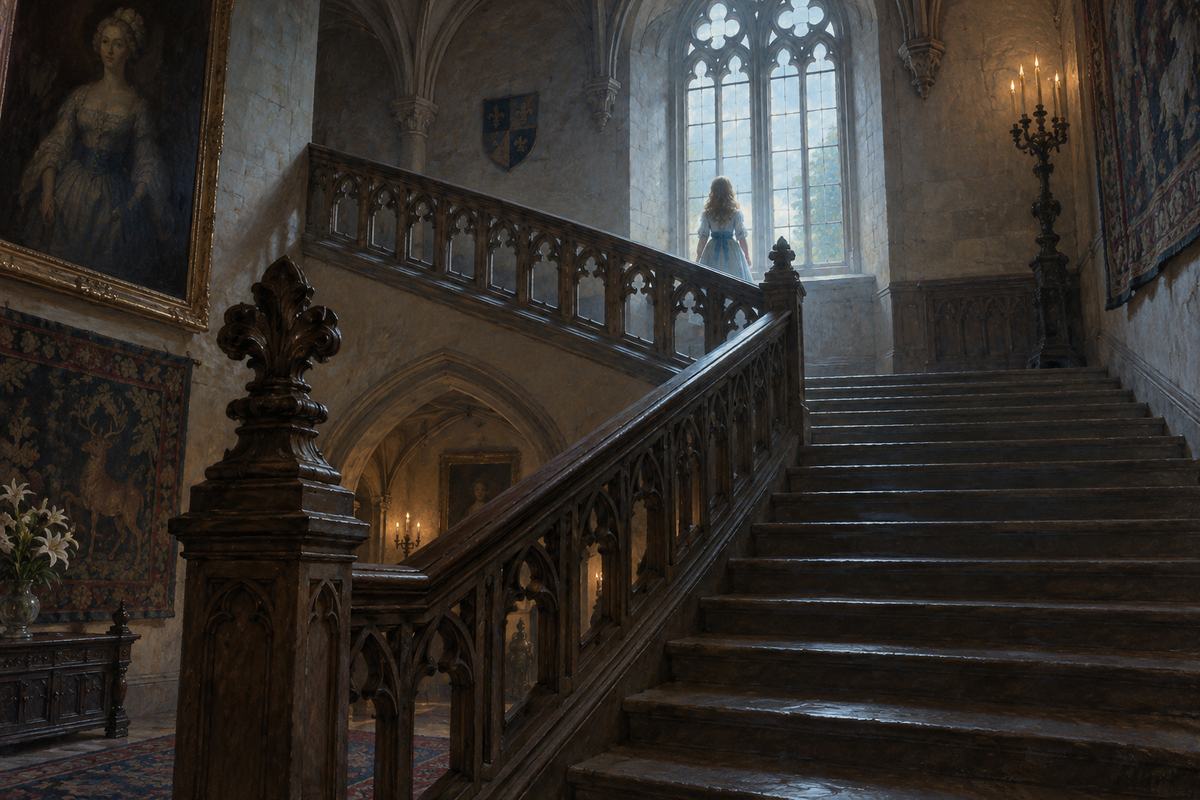 Broad neo-Gothic Irish castle staircase, small distant child-shaped silhouette in blue and white on a landing.