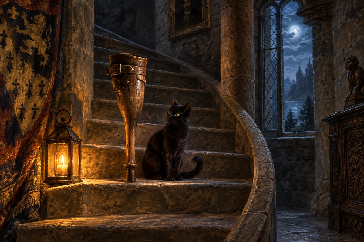 A single antique wooden prosthetic peg leg stands upright on a spiral stone stair, a small black cat beside it.