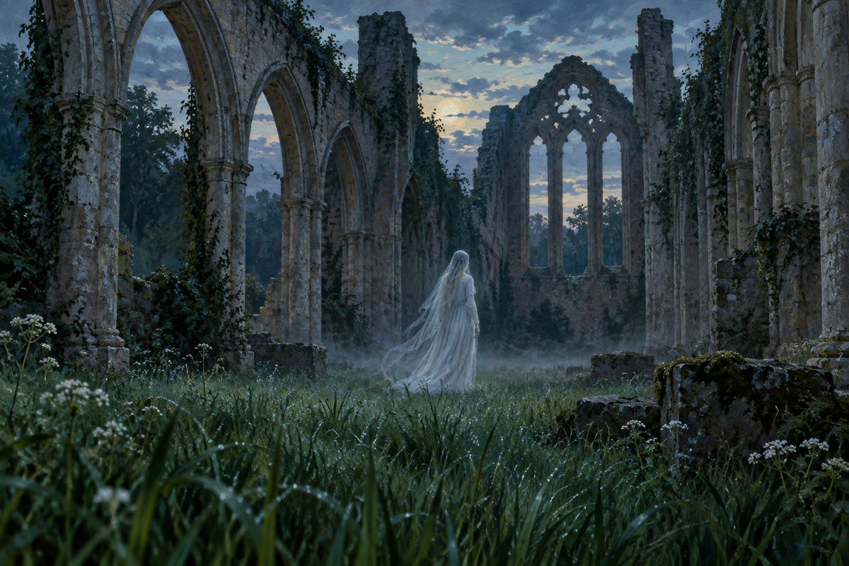 A pale medieval female apparition moves between roofless Norman abbey arches.