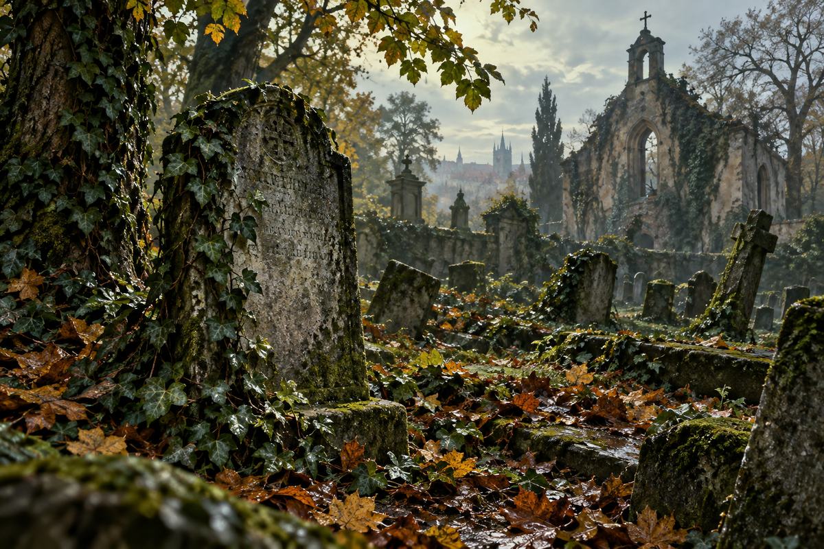 An ivy-covered cemetery and weathered markers evoke the disputed Bohnice story.