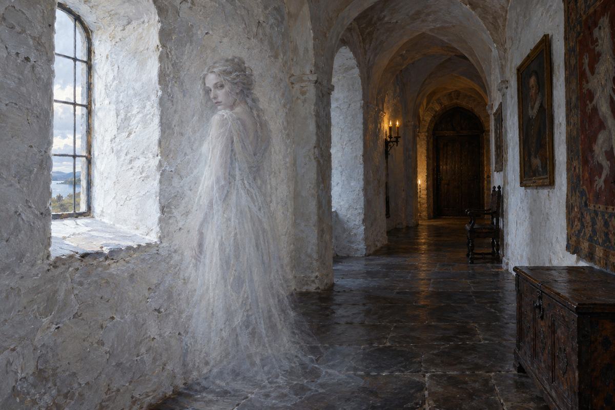 A pale female silhouette fades into deep whitewashed masonry of a Danish castle corridor.