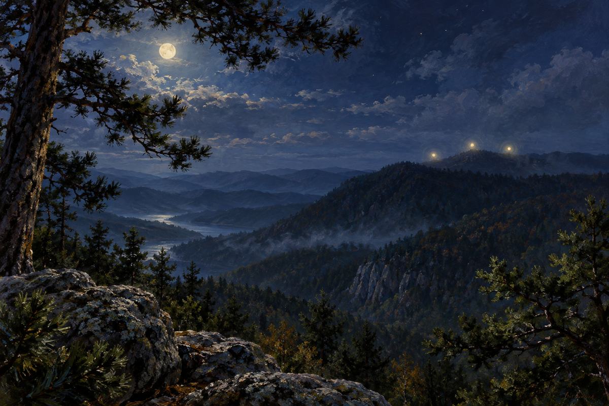 A nocturnal Blue Ridge landscape with three small irregular distant points of pale light just above a dark wooded ridge.