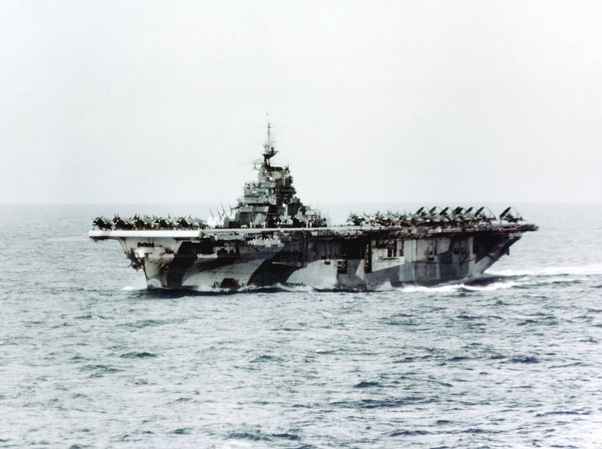 USS Hornet (CV-12) underway on 27 March 1945. This U.S. Navy photograph shows the actual ship now associated with the accounts.