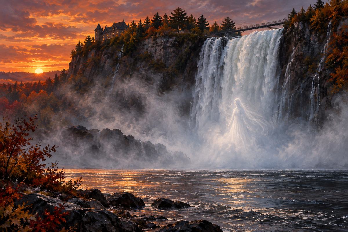 Quebec's broad Montmorency waterfall beneath a dark ridge with a barely perceptible veil-like female shape in drifting spray at the base.