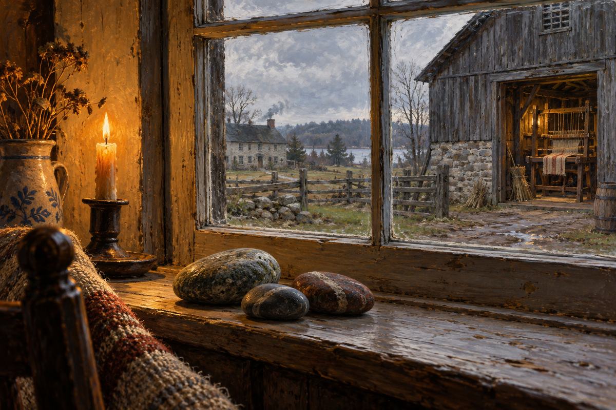 Close view of a few smooth river stones on an early-nineteenth-century Ontario farmhouse windowsill.