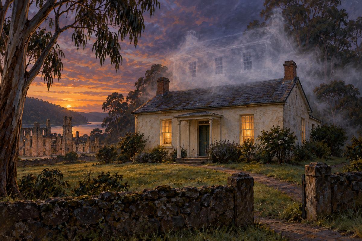 A modest pale Tasmanian parsonage at dusk among old Port Arthur heritage grounds.