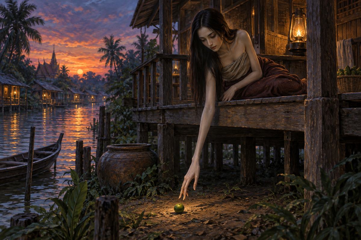 Mae Nak reaches from a raised canal-side house for a fallen lime, revealing the impossible arm of the Thai legend.